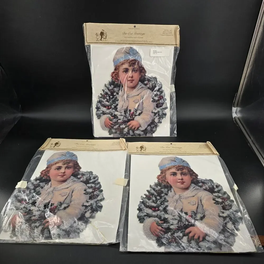 3 Vintage Style Die-Cut Greetings Boy with Wreath Christmas Cards Old Print